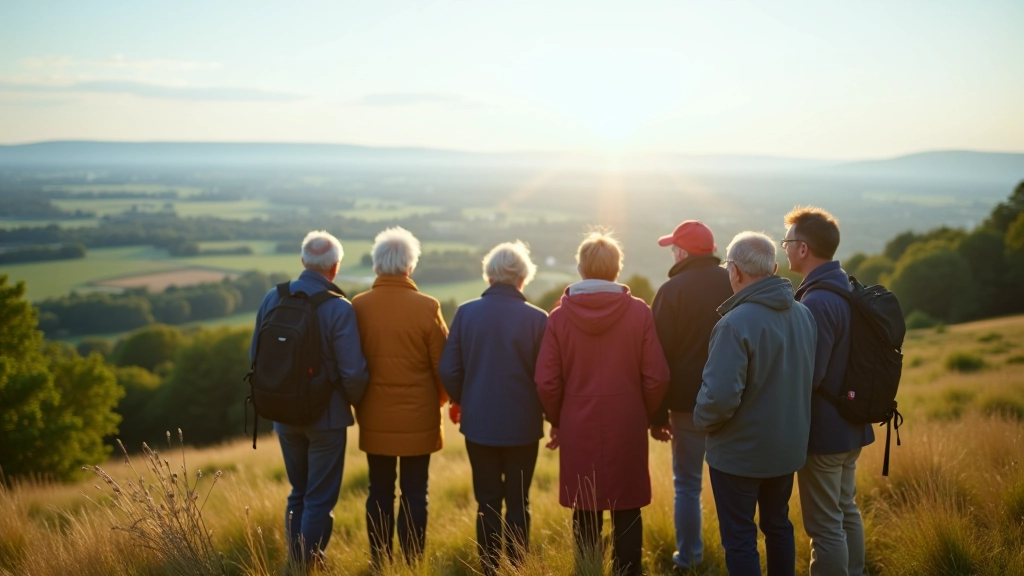 Seniorzy na szczycie wzgórza, panorama Polski, niebo, radość, świętowanie