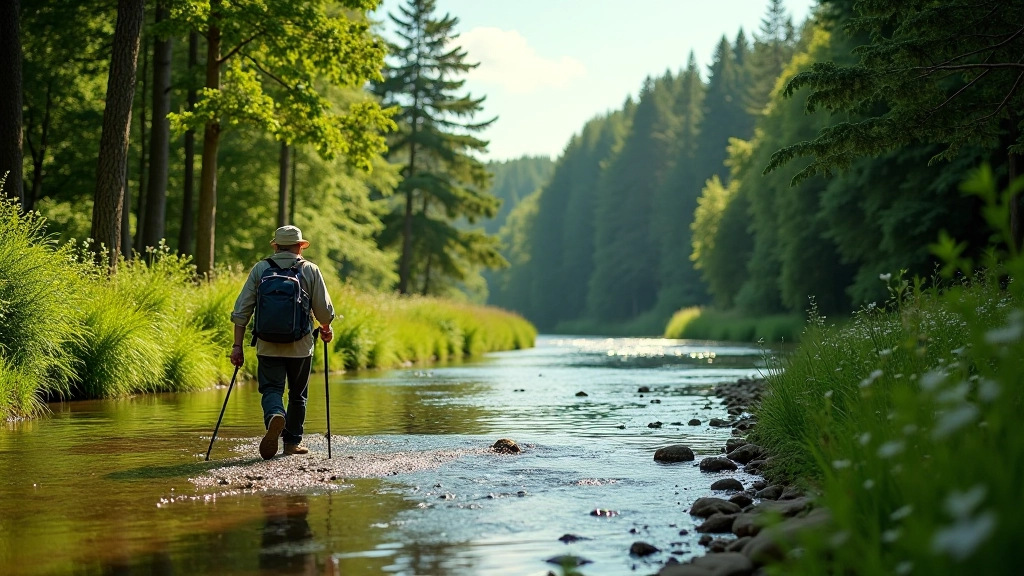 Polska natura, rzeka w lesie, szlak pieszych, słoneczny dzień, krajobraz